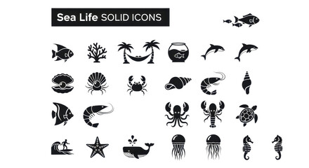Naklejka premium Sea Life Solid Icons collection of marine animals isolated PNG with Transparent Background