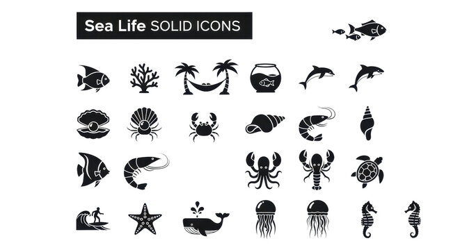 Sea Life Solid Icons collection of marine animals isolated PNG with Transparent Background