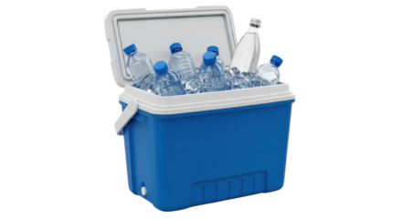 Blue cooler filled with ice and water bottles isolated PNG with Transparent Background