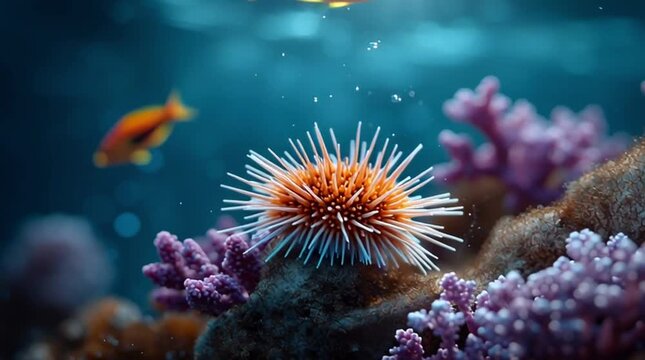 erizo de mar on coral reef with bright light and nearby swimming fish