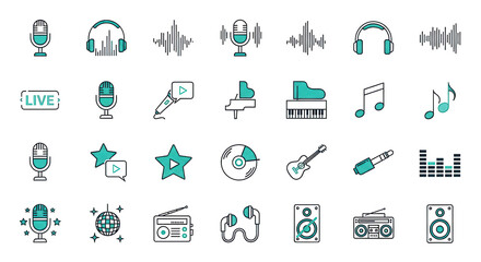 Set of audio and music themed icons isolated PNG with Transparent Background