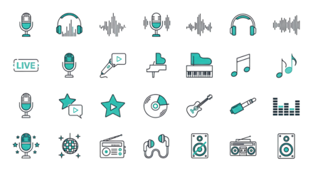 Set of audio and music themed icons isolated PNG with Transparent Background