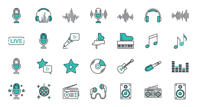 Set of audio and music themed icons isolated PNG with Transparent Background