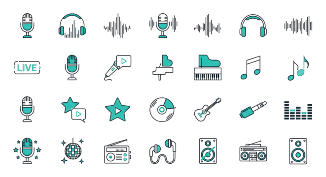 Set of audio and music themed icons isolated PNG with Transparent Background