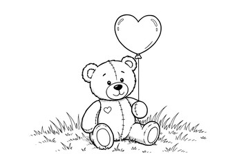 Fototapeta premium Adorable teddy bear holding a heart balloon sits in grassy field, symbolizing love and joy for any occasion