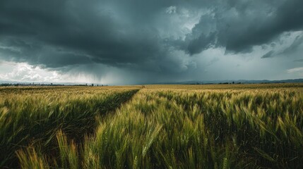 Downpour over a wheat field under a moody gray sky