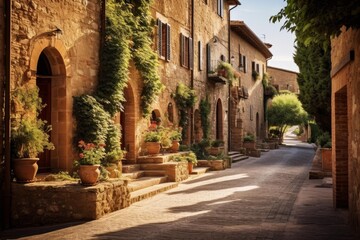 Fototapeta premium Charming street with traditional tuscan buildings, potted plants, and warm sunlight creating an idyllic italian atmosphere