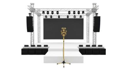 Stage setup with golden vintage microphone and screen isolated PNG with Transparent Background
