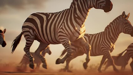 Zebras Galloping on Golden African Plain at Sunset Wildlife in Warm Horizon and Dusty Landscape