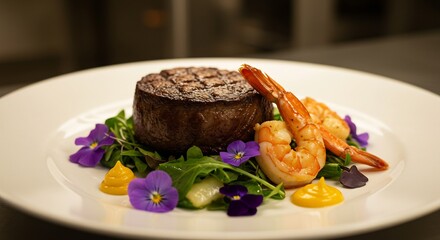 Gourmet Surf and Turf with Filet Mignon, Shrimp, and Edible Flowers