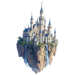 A fairytale castle on a floating island with waterfalls against a black background illustration