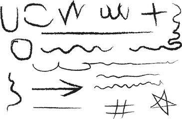 Collection of hand drawn scribbles and symbols on white background