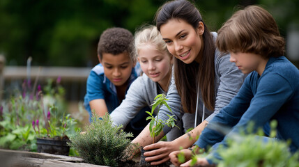 Students and Teacher Planting Seedlings Outdoors in Natural Light