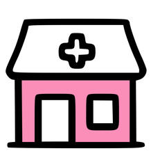 Obraz premium Simple cartoon illustration of a pink hospital building with a white roof and a black cross.