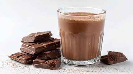 Glass filled with creamy chocolate milk isolated against a white backdrop