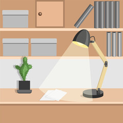 Office, table, table lamp, shelves with folders, cactus. Vector illustration of the workplace.