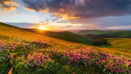 golden sunset over rolling hills with wildflowers in full bloom glowing clouds and warm sunlight casting long shadows across the meadow