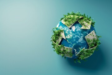 Digital illustration of Earth wrapped in recycling arrows, clean blue background, sustainability and planet care concept.