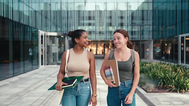 Happy multiracial student girls walking outdoors university after classes 