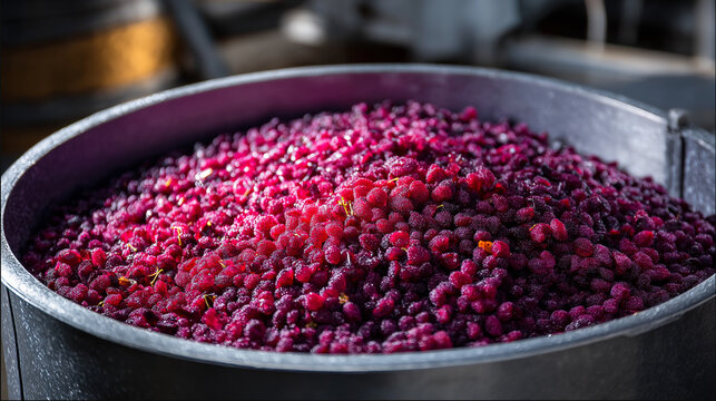 Crushed grapes ferment in sunlight for winemaking process
