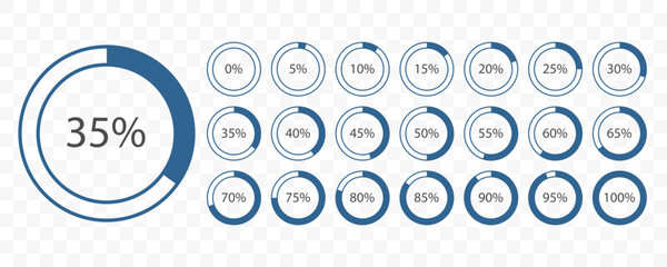 Blue infographic percentage circles set. Pie chart pack, isolated on transparent background. Loading elements for report template, marketing, presentation slide, analytic dashboard, UI UX web design