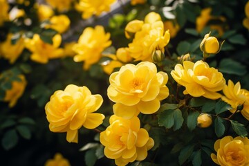 Obraz premium Yellow roses blooming in a garden, illuminated by sunlight, creating a vibrant and colorful display