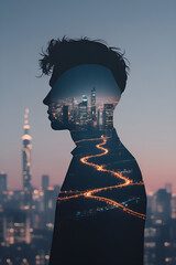 Urban Soul: Double Exposure of a Human Silhouette with Futuristic Cityscape