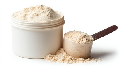 Isolated scoop and container of protein powder against a white background