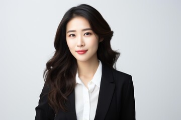 Obraz premium Studio portrait of a young asian businesswoman wearing a suit and smiling slightly