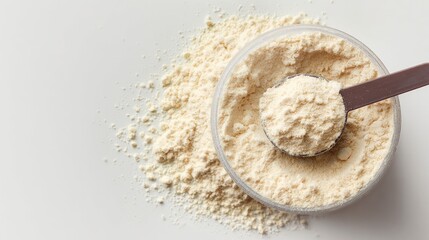 Isolated scoop and container of protein powder against a white background