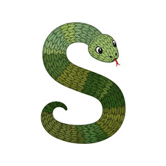 Fototapeta premium A stylized illustration presents a serpentine creature shaped like the letter S with textured scales and a playful expression.