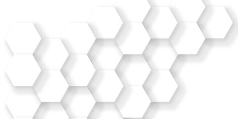 Fototapeta premium Minimal white hexagonal hexagon modern technology creative emboss light honeycomb polygonal web. abstract geometric science and mosaic tile with template texture background. 
