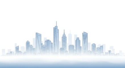 Fototapeta premium Minimalist Blue Line Art Skyline of Modern Cityscape with Foggy Foreground