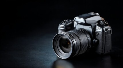 Modern digital camera resting on black surface, area reserved for text