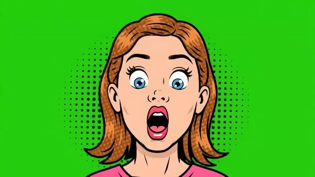 Cartoon woman expressing shock eyes wide mouth open against a green background with black dots
