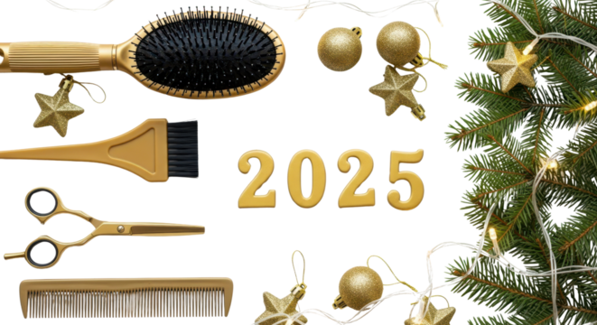Hairdressing tools with 2025 numbers and Christmas decorations isolated PNG with Transparent Background