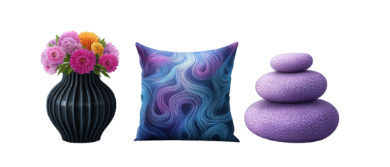 A stylish arrangement of decorative items featuring a vase of flowers, a patterned pillow, and stacked stones