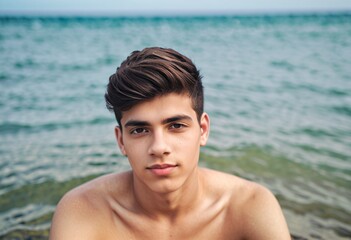 Portrait of a young man sitting in the sea with copy space