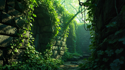 Ancient Stone Archways: A sun-dappled path winds through a stone passageway, draped with vibrant greenery, exuding an aura of mystery and natural beauty.