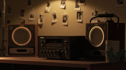 Fototapeta premium Nostalgic Vintage Audio Setup: A detailed shot capturing the elegance of a vintage audio setup, featuring a central receiver flanked by two speakers.
