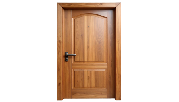 Realistic wooden door design with smooth finish and elegant handle for interior and exterior use in home and office environments isolated on transparent background