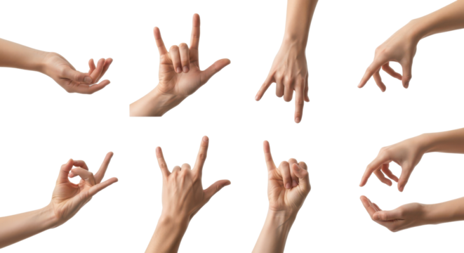 Set of hands in different gestures isolated PNG with Transparent Background