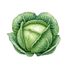 Fototapeta premium Detailed watercolor illustration of a fresh green cabbage, ideal for healthy food concepts, recipe designs, and vegetable themed graphics.