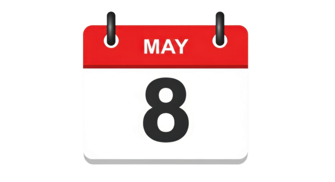 Calendar showing the date May 8 isolated PNG with Transparent Background