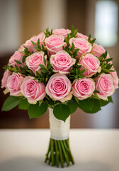Obraz premium A beautiful bouquet of pink roses arranged elegantly with green leaves, perfect for weddings or special occasions.