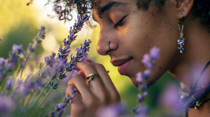 Close-up of a non-binary person wearing lavender-themed accessories, gently touching flowers in bloom