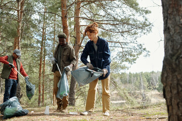 Multiethnic group of young adults collecting trash in forest, wearing gloves and holding garbage...