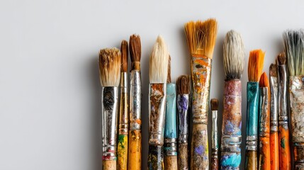 Fototapeta premium Top view of assorted paint brushes arranged on a white surface