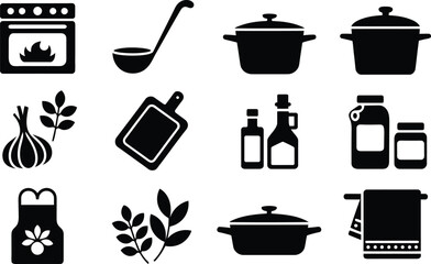 Black and white minimalist cooking icons: oven, pots, pans, herbs, and kitchen essentials.