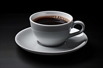 Obraz premium Steaming black coffee sits in a white ceramic cup on a dark wooden table, ready to be enjoyed